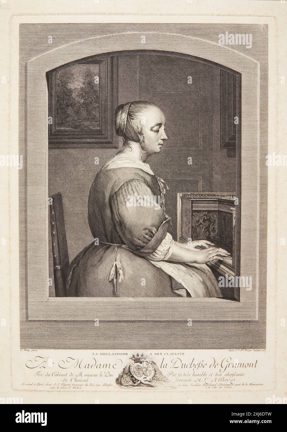 Donna olandese al clavicembalo, vista attraverso una finestra Boizot, Marie Louise Adelaide 1744 - 1800, Metsu, Gabriël 1629 - 1667, Flipart, Jean-Jacques 1719 - 1782, Joulain, Francesco 1697 - 1778 incisione in rame, Print Inventaire du fonds franais: Graveurs du XVIIIe siècle III: Bizemont-Prunelé - Cars, Marcel Roux, pp. 123-124, nr. 4, SMK 2,780:3, 1934. Manuel de l'amateur d'estampes, Charles le Blanc, bd. I, pag. 427, nr. 14, C 35580, 1854-[1890] Hollandsk kvinde ved et cembalo, set gennem et vindue Foto Stock