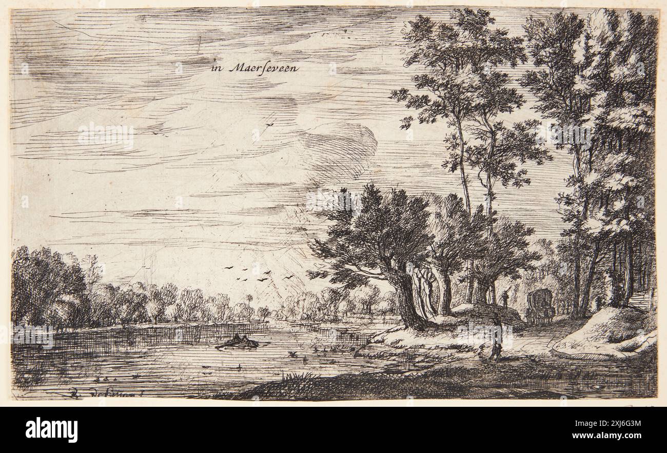 Paesaggio fluviale di Maarsssveen Roghman, Roelant 1627 - 1692 incisione, Print Hollstein's Dutch and Flemish etchings, incisioni e xilografie 1450-1700 (vol. XX), Constantijn Daniel Van Renesse - Geraert Van Ryssen, K. G. Boon, 15, C 38945, 1978. The Illustrated Bartsch 5, Netherlandish Artists, De Wael, Molijn, Roghman, Martszen, Bronckhorst M.fl., Walter L. Strauss, 15, C 36170, 1979 Flodlandskab ved Maarsseveen Foto Stock