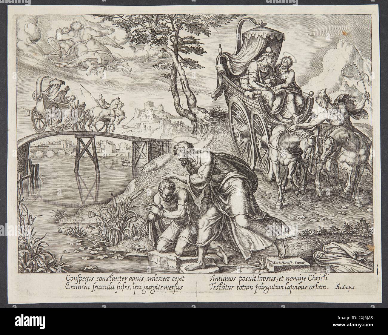 Incisione in rame di "San Filippo battezzando l'Eunuco" di Philips Galle e Maarten van Heemskerck, raffigurante il resoconto biblico di Filippo che battezzò l'eunuco etiope, dalle collezioni olandese e fiamminga del 1450-1700. Foto Stock