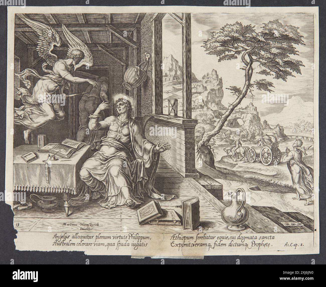 Questa incisione in rame di Philips Galle, su Maarten van Heemskerck, raffigura un angelo che appare a San Filippo, illustrando la narrazione religiosa olandese e fiamminga del XVI secolo. Foto Stock