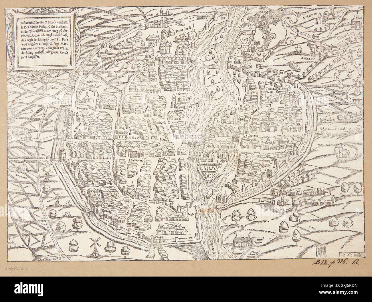 Mappa di Paris Deutsch, Hans Rudolf Manuel 1525 - 1571 Woodcut, Print Hollstein's German Engravings, Etchings and Woodcuts 1400-1700 (vol. Vi), Cranach - Drusse, F.W.H. Hollstein, 21, 27011, 1960. The Illustrated Bartsch 19, parte 2, German Masters of the Sixteenth Century, Hans Rudolf Manuel (Deutsch), Tobias Stimmer: Hans Rudolf Manuel (Deutsch), Tobias Stimmer, Jane S. Peters, 12, C 36194, 1988 Kort su Parigi Foto Stock