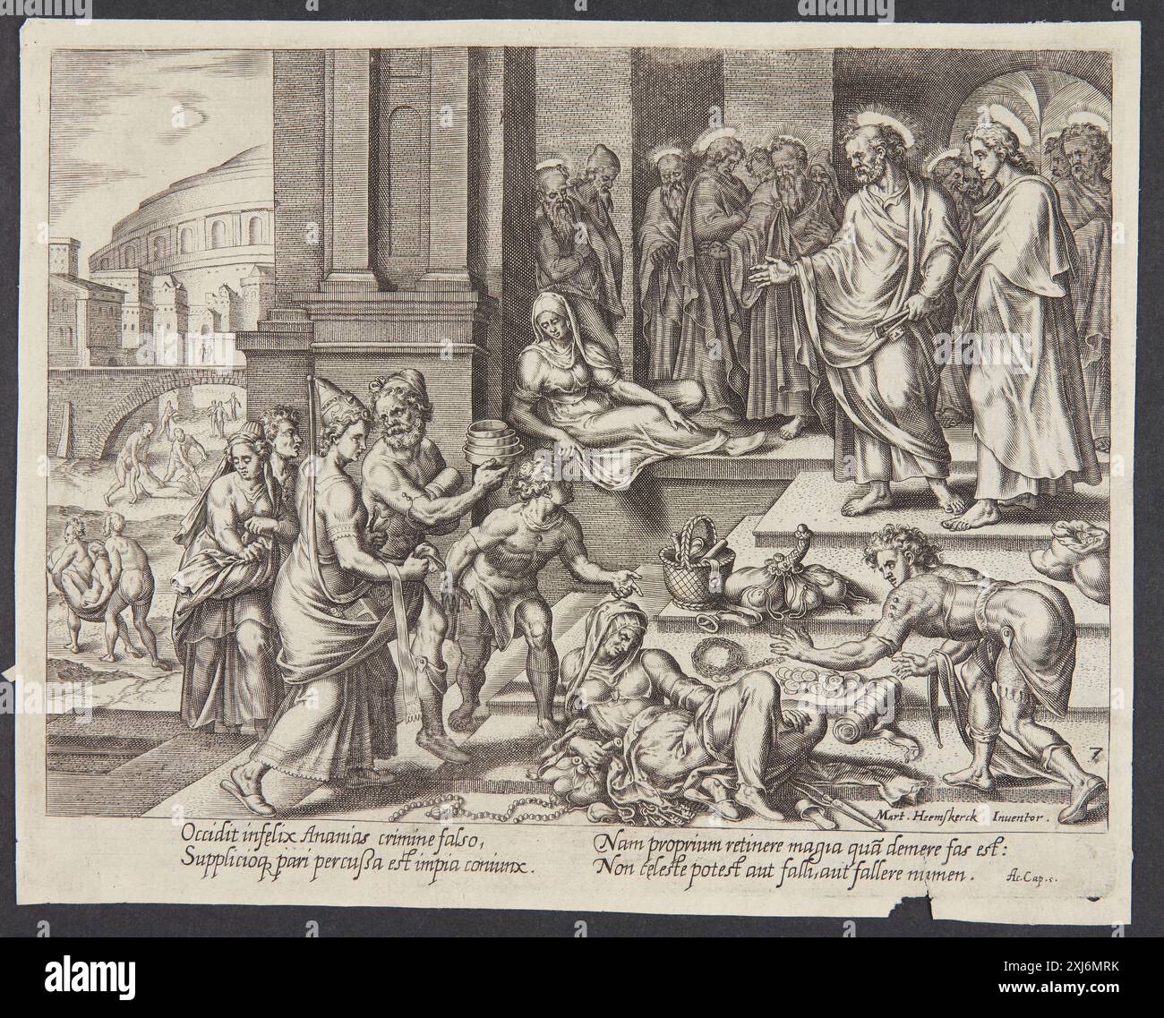 The Death of Sapphira Galle, Philips 1537 - 1612, Heemskerck, Maarten van 1498 - 1574, Galle, Philips 1537 - 1612 incisione in rame, Print Tegninger af Maerten van Heemskerck: Illustreret katalog, Jan Garff, 123, 42279, 1971. Le incisioni, incisioni e xilografie olandesi e fiamminghe New Hollstein 1450-1700, Maarten van Heemskerck, parte i-II, Ilja M. Veldman, 400 II, 55173, 1993-1994. Le incisioni, incisioni e xilografie olandesi e fiamminghe New Hollstein 1450-1700, Philips Galle, parte i-IV, Manfred Sellink, 194 II, C 39355, 2001 la morte di Sapphira Foto Stock