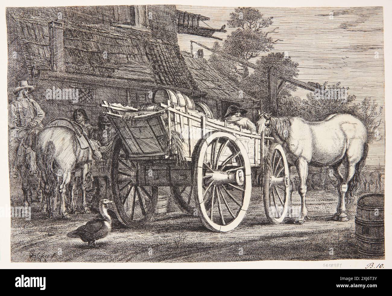 Una carrozza a quattro ruote Bleker, Gerrit Claesz. 1592 - 1656 Etching, Print Hollstein's Dutch and Flemish Etchings, incisioni e xilografie 1450-1700 (vol. II), Berckheyde - Bodding, F.W.H. Hollstein, 10, C 38945, 1950. The Illustrated Bartsch 5, Netherlandish Artists, De Wael, Molijn, Roghman, Martszen, Bronckhorst M.fl., Walter L. Strauss, 10, C 36170, 1979 EN firhjulet vogn Foto Stock