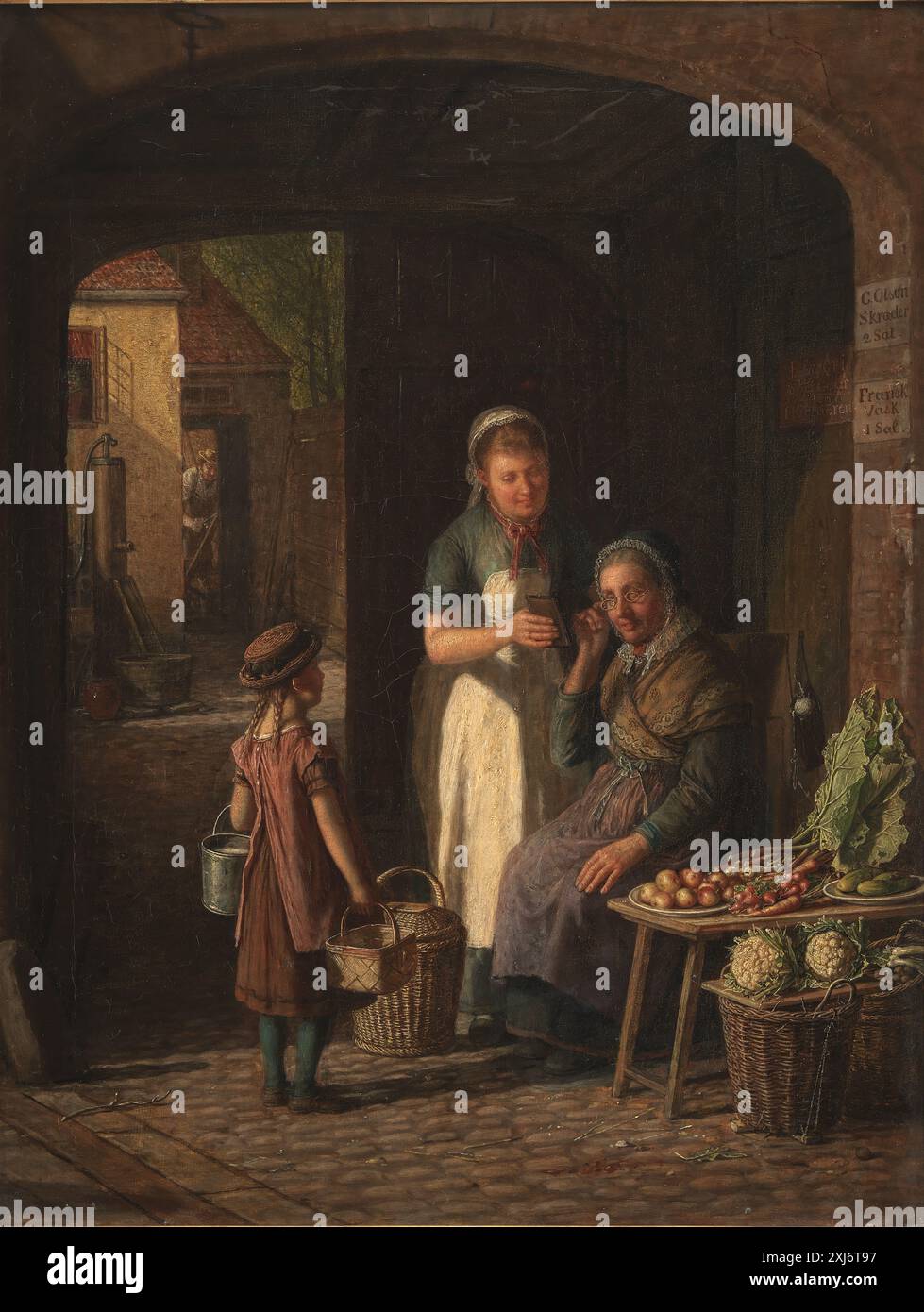 David Monies (1812-1894) dipinse una scena che mostrava una cameriera che presentava il ritratto della sua ragazza ad un fruttivendolo, raffigurando figure, interni, vestiti ed espressioni facciali in un ambiente danese del XIX secolo. Foto Stock