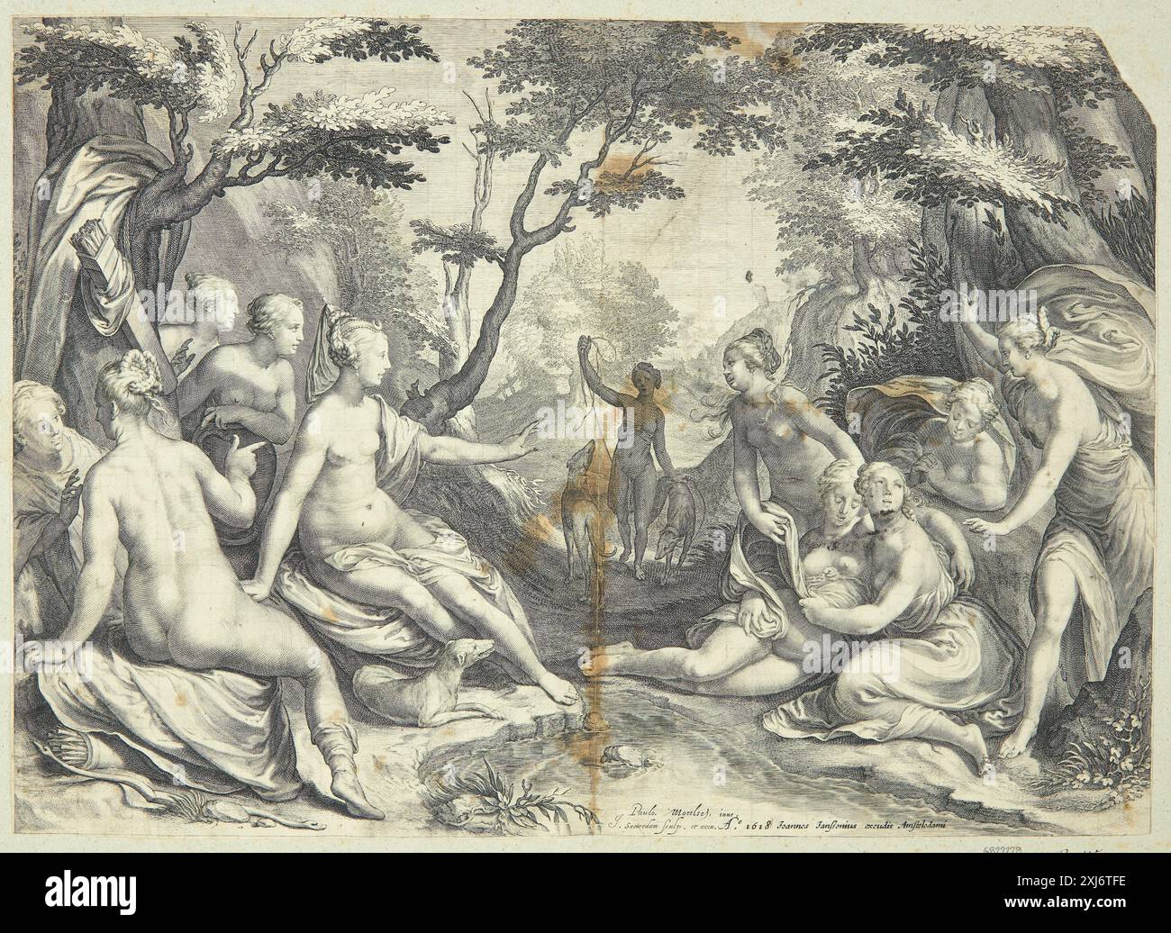 Diana e Callisto Saenredam, Jan 1565 - 1607, Moreelse, Paulus 1571 - 1638, Janssonius, Johannes 1588 - 1664 incisione in rame, Print the Illustrated Bartsch 4, artisti olandesi, Matham, Saenredam, Muller, Walter L. Strauss, 115, C 36168, 1980. Hollstein's Dutch and Flemish etchings, incisioni e xilografie 1450-1700 (vol. XXIII), Jan Saenredam - Roelandt Savery, K. G. Boon, 78 IV, C 38945, 1980 Diana og Callisto Foto Stock