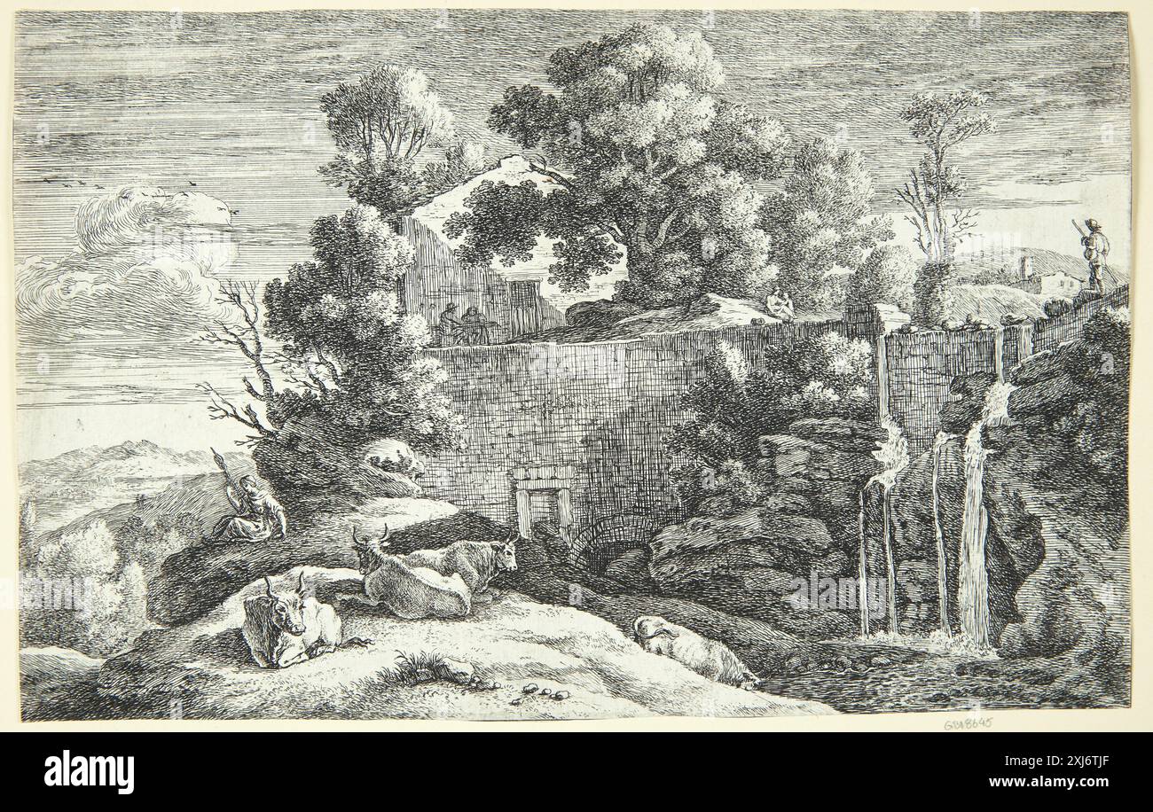 Paesaggio fluviale con due pescatori Swanevelt, Herman van 1601 - 1655, Swanevelt, Herman van 1601 - 1655 incisione, Print the Illustrated Bartsch 2, Netherlandish Artists, Waterloo, van Everdingen, Swanevelt, Mark Carter Leach, 77, C 36165, 1978. Le incisioni, incisioni e incisioni olandesi e fiamminghe di Hollstein 1450-1700 (vol. XXIX), Samuel de Swaef - Jan Thesing, Dieuwke de Hoop Scheffer, 103 II, C 38945, 1984 Flodlandskab med to fiskere Foto Stock