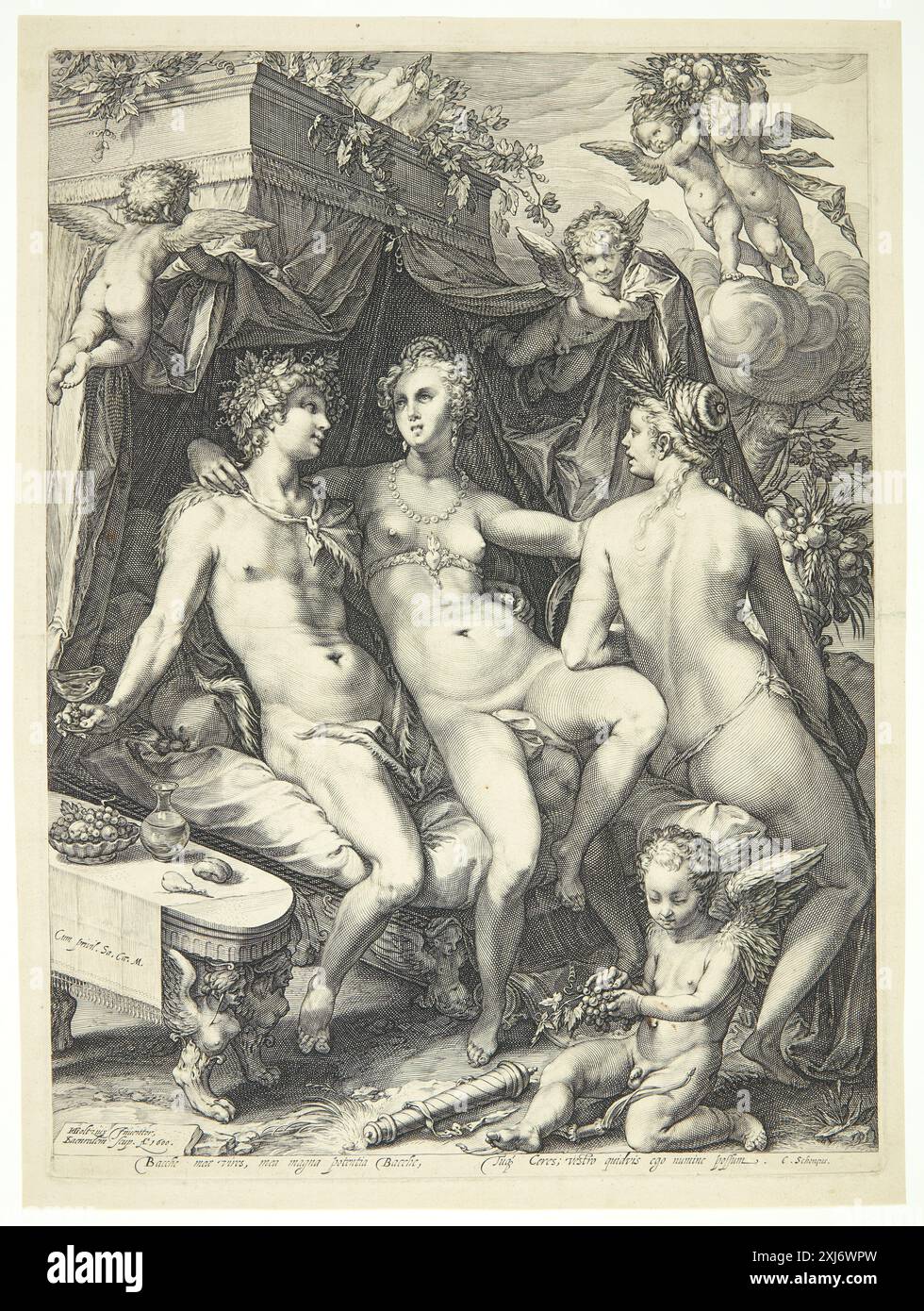 Incisione in rame di Jan Saenredam (1565–1607) e Hendrick Goltzius (1558–1617) raffigurante Venere sdraiata su un divano tra Bacco e Cerere, illustrando figure mitologiche nella stampa olandese. Foto Stock