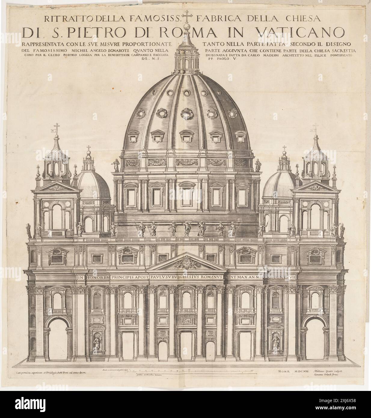 Eretta dalla chiesa di San Pietro a Roma Greuter, Matthäus 1564 - 1638, Orlandi, Giovanni 1590 - 1640 incisione in rame, Stampa le incisioni, incisioni e incisioni in legno tedesche New Hollstein 1400-1700, la famiglia Greuter, parte i-IV, Jörg Diefenbacher, 265 i, C 61916:1-4, 2008 Opstalt af Peterskirken i Rom Foto Stock