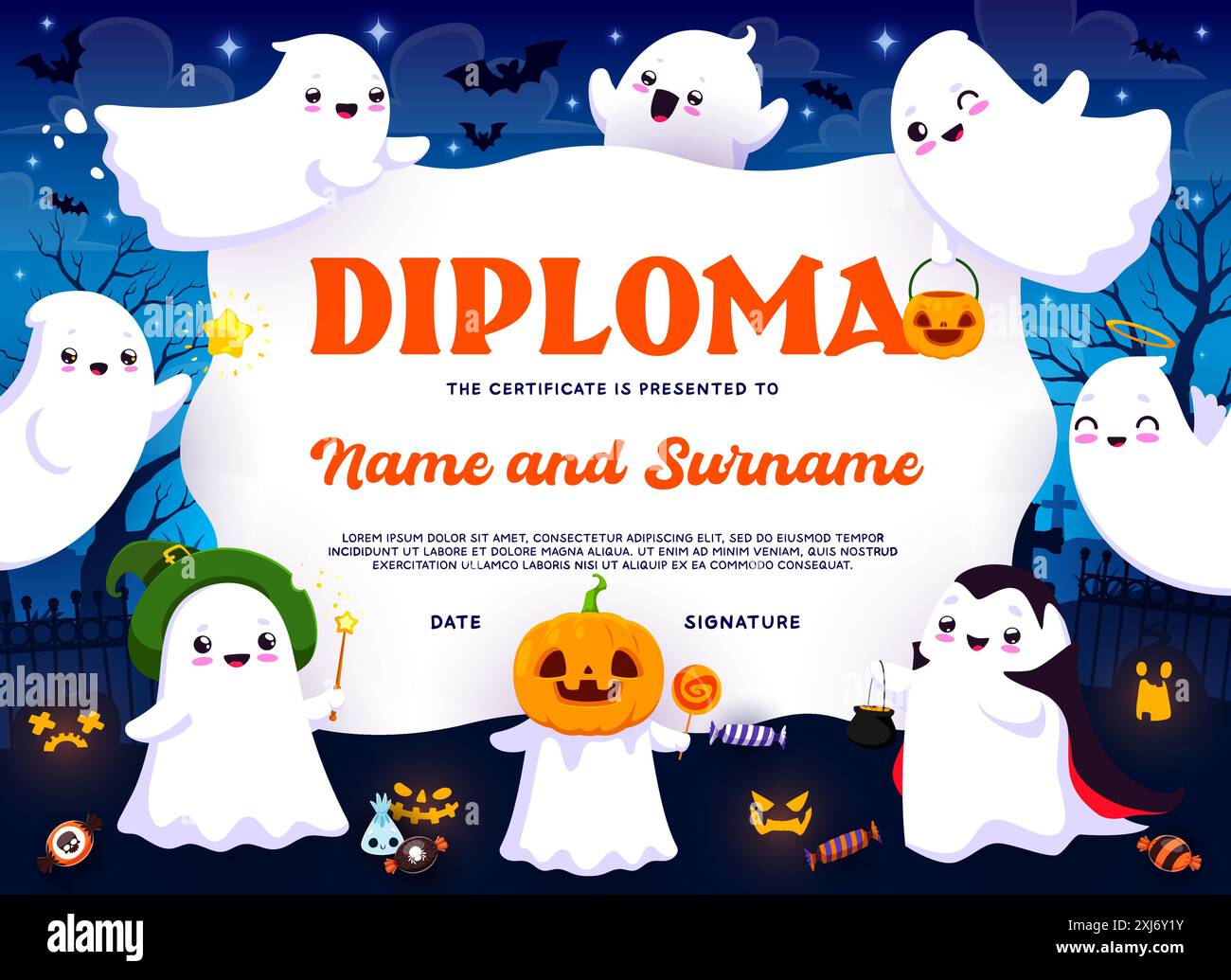 Diploma per bambini, dolci natalizi e simpatici personaggi fantasma kawaii di Halloween. Diploma vincitore del concorso per bambini, festa di Halloween per bambini o festa vettoriale A. Illustrazione Vettoriale