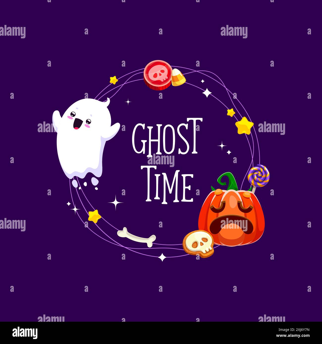 La cornice delle festività di Halloween con fantasmi kawaii volanti e dolcetti o dolcetti, vettori di cartoni animati. Halloween horror night party e ghost time citazione con fu Illustrazione Vettoriale