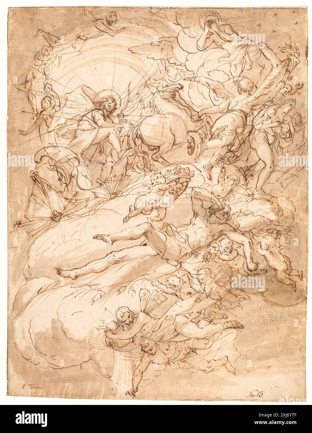 Disegno di Alessandro Gherardini raffigurante Apollo nel suo carro per un dipinto a soffitto che mostra il dio del sole, i cavalli, il movimento e gli elementi celesti. Foto Stock