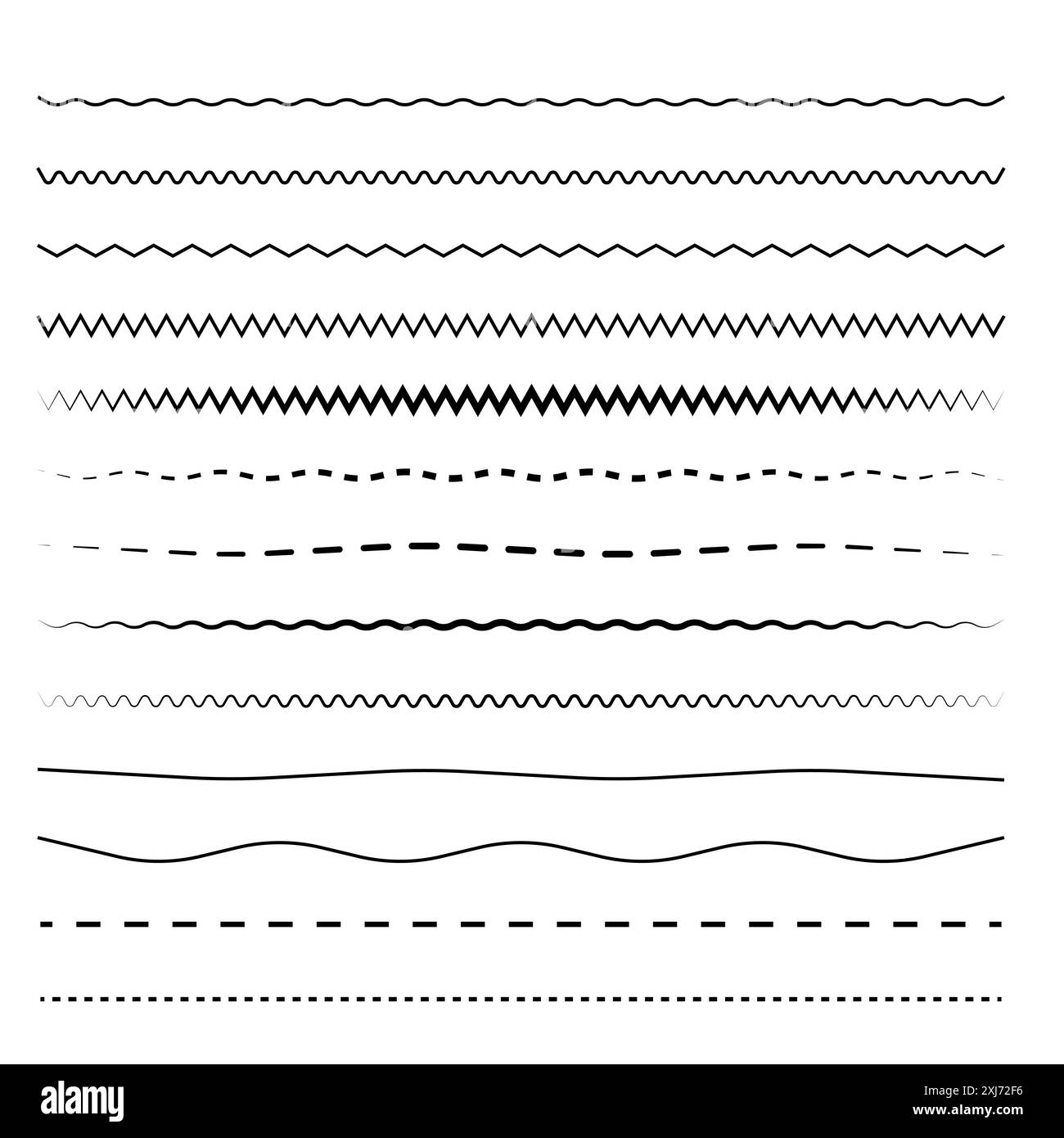 Linee ondulate impostate. Vari motivi a zig-zag. Tratti semplici neri. Orizzontale senza cuciture. Illustrazione Vettoriale