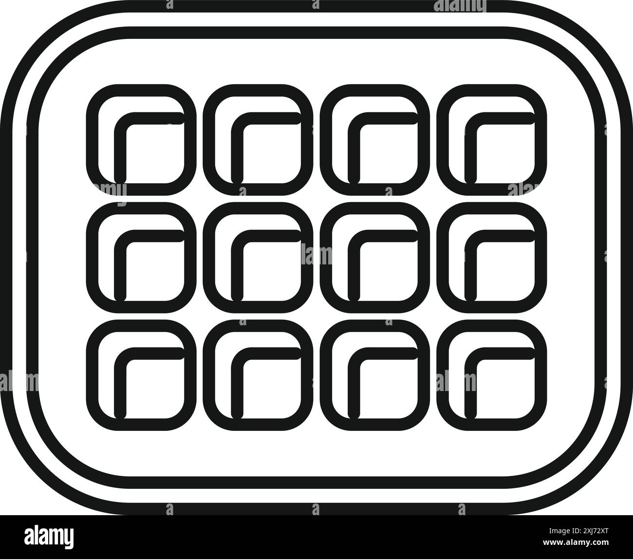 Vista dall'alto di un semplice vassoio per cubetti di ghiaccio, dotato di dodici scomparti per congelare l'acqua nel ghiaccio Illustrazione Vettoriale