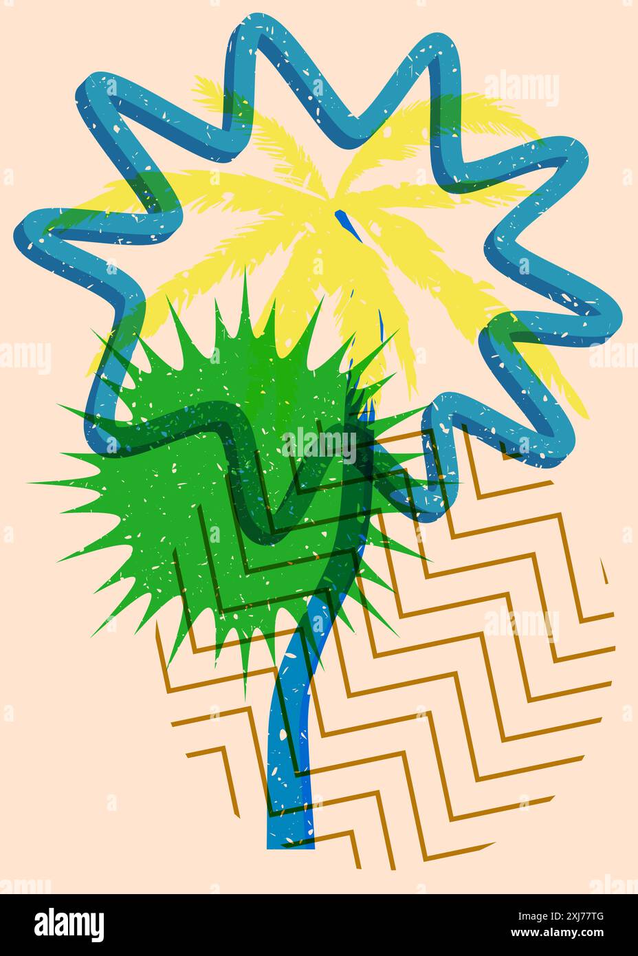 Risografia dell'albero di palma con forme geometriche. Oggetti in stile texture con stampa a grafico riso di tendenza con elementi geometrici. Illustrazione Vettoriale