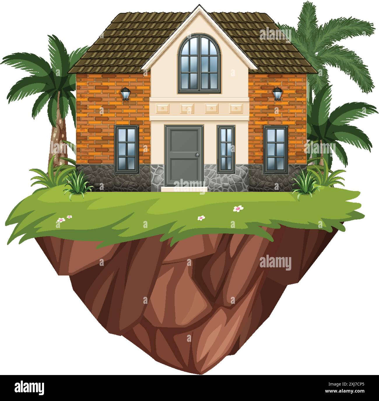 Casa sull'isola galleggiante con palme Illustrazione Vettoriale