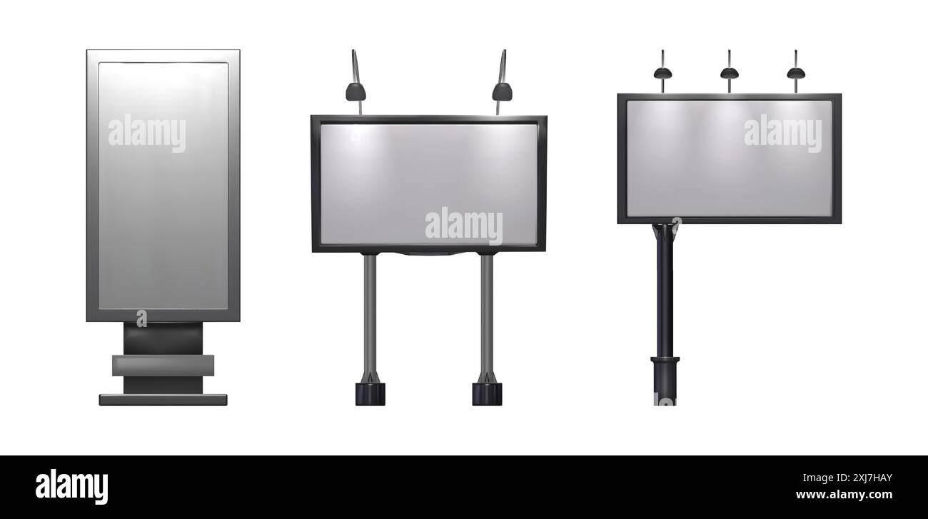 Cartelloni pubblicitari esterni isolati su sfondo bianco. Illustrazione vettoriale realistica di modelli di banner 3d con illuminazione a LED, lightbox con spazio vuoto per annunci aziendali Illustrazione Vettoriale