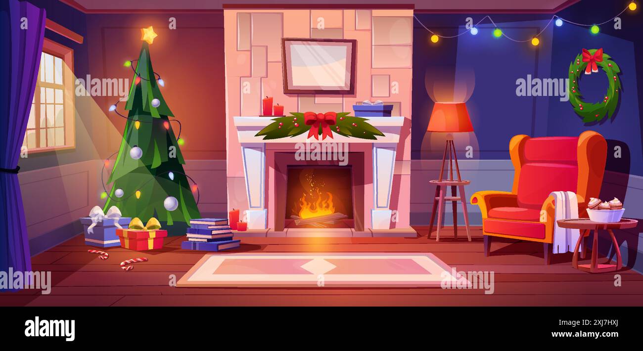 Soggiorno natalizio con caminetto. Cartoni animati vettoriali di interni accoglienti con alberi di Natale decorati con giocattoli e ghirlanda, scatole regalo sul pavimento, poltrona vicino al fuoco, libri sullo scaffale, candele Illustrazione Vettoriale