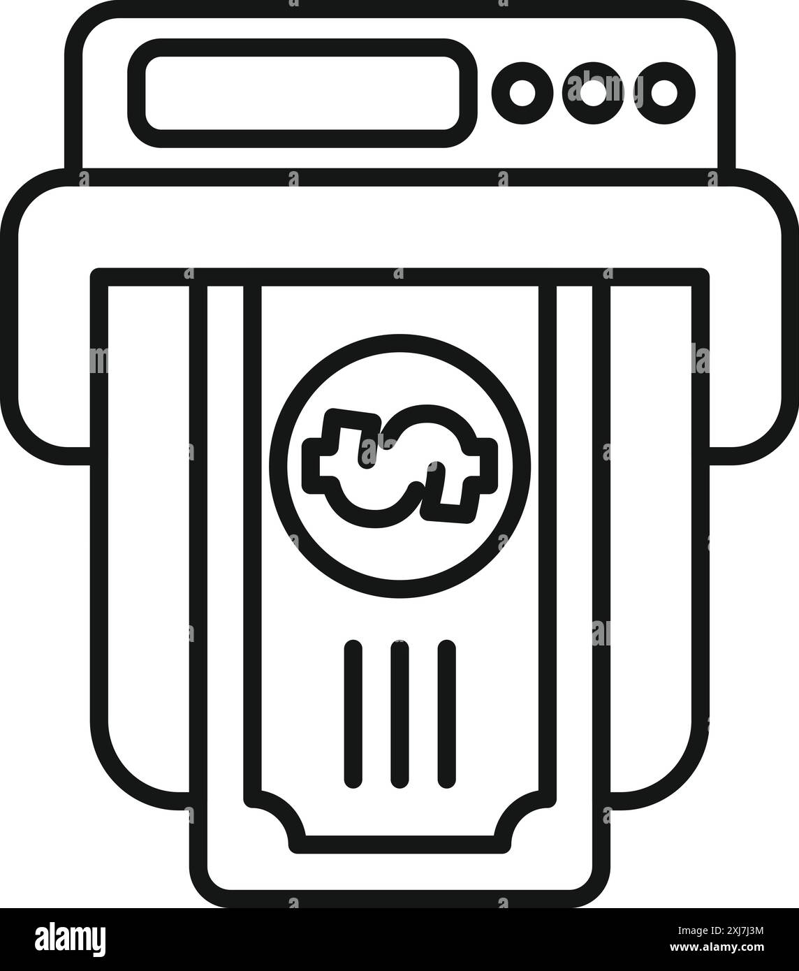 Icona a forma di linea di un bancomat che distribuisce una banconota, che rappresenta le operazioni finanziarie e i servizi bancari Illustrazione Vettoriale