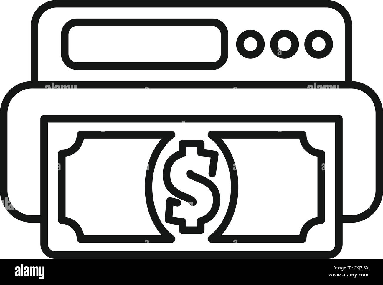 Disegno in linea di un atm che dispensa una banconota, che rappresenta le operazioni finanziarie e i servizi bancari Illustrazione Vettoriale