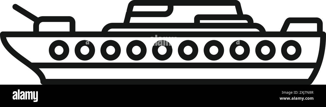 Semplice icona in bianco e nero di un motoscafo militare che naviga sul mare Illustrazione Vettoriale