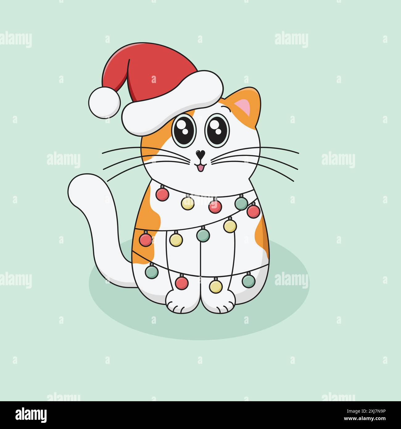 Carino Cartoon White e Ginger Cat con cappello di Babbo Natale avvolto in colorate luci natalizie a dicembre. Illustrazione vettoriale della stagione invernale. Illustrazione Vettoriale