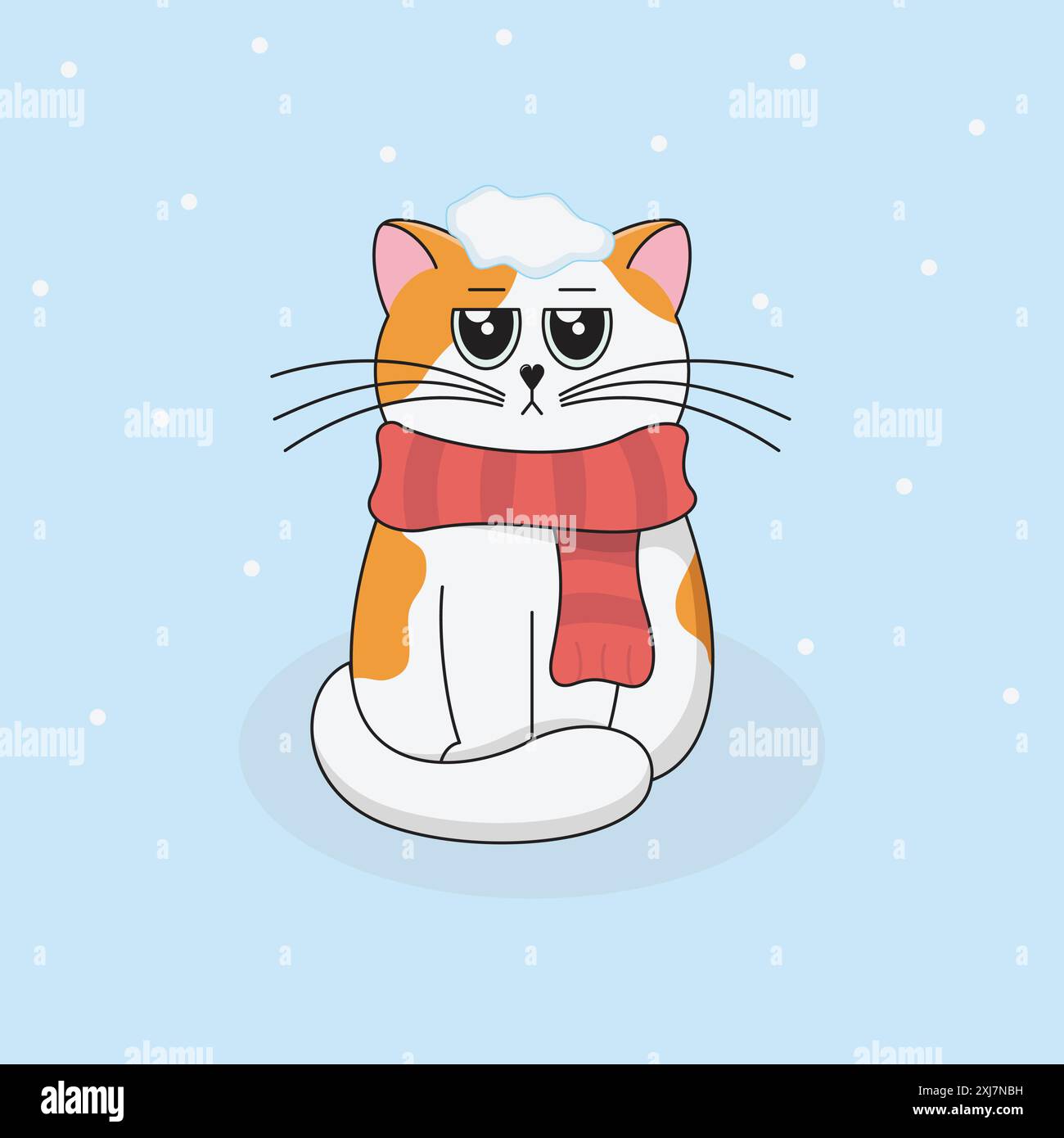 Cute White e Ginger Cat in Red Scarf si trova sotto Falling Snow a febbraio. Divertente Cartoon Kitten con grandi occhi. Illustrazione vettoriale della stagione invernale. Illustrazione Vettoriale