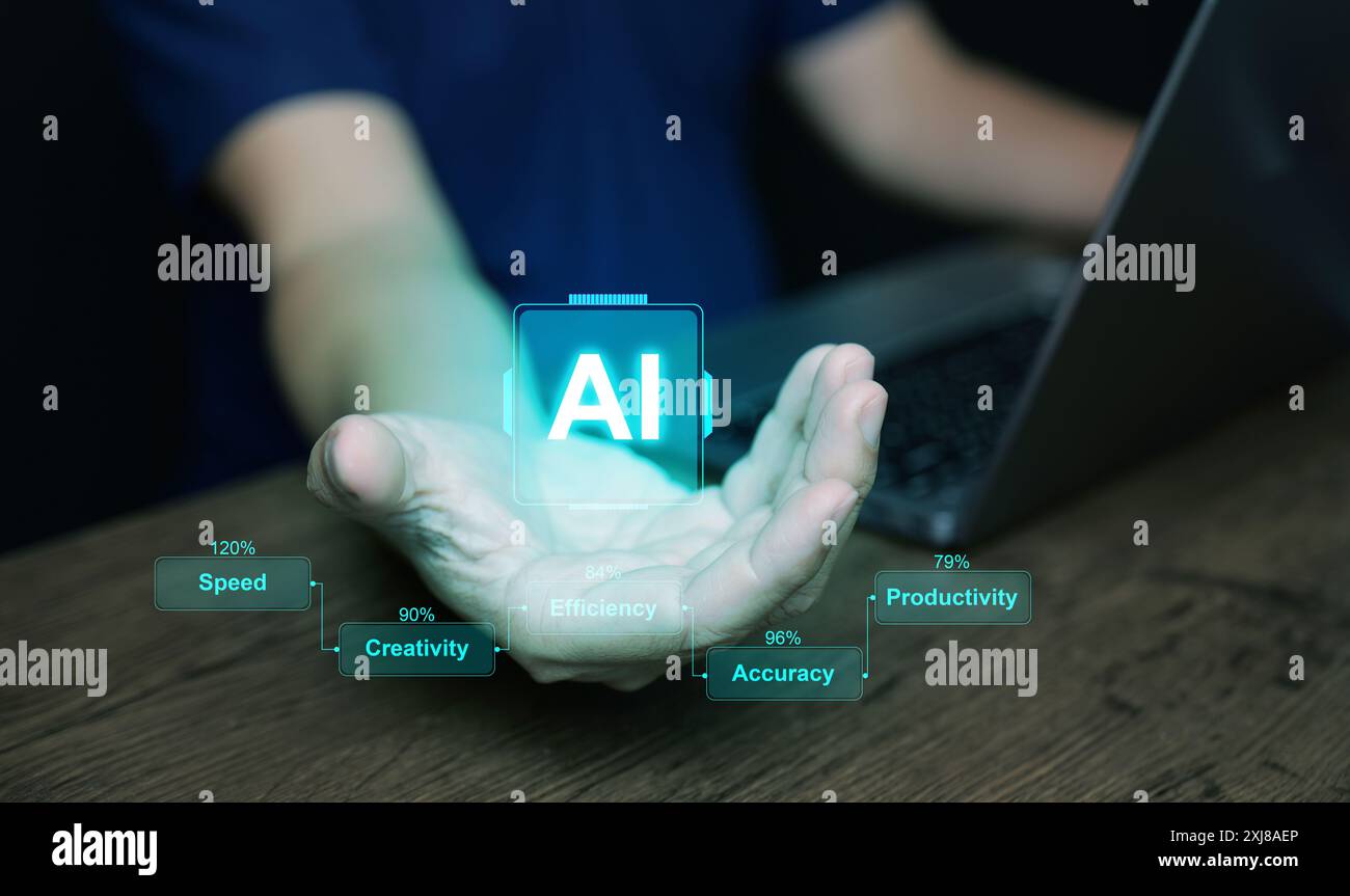 L'impatto dell'intelligenza artificiale. Un uomo, con lo schermo virtuale dell'intelligenza artificiale in mano, lo utilizza per migliorare velocità, efficienza, creatività, precisione e professionalità Foto Stock