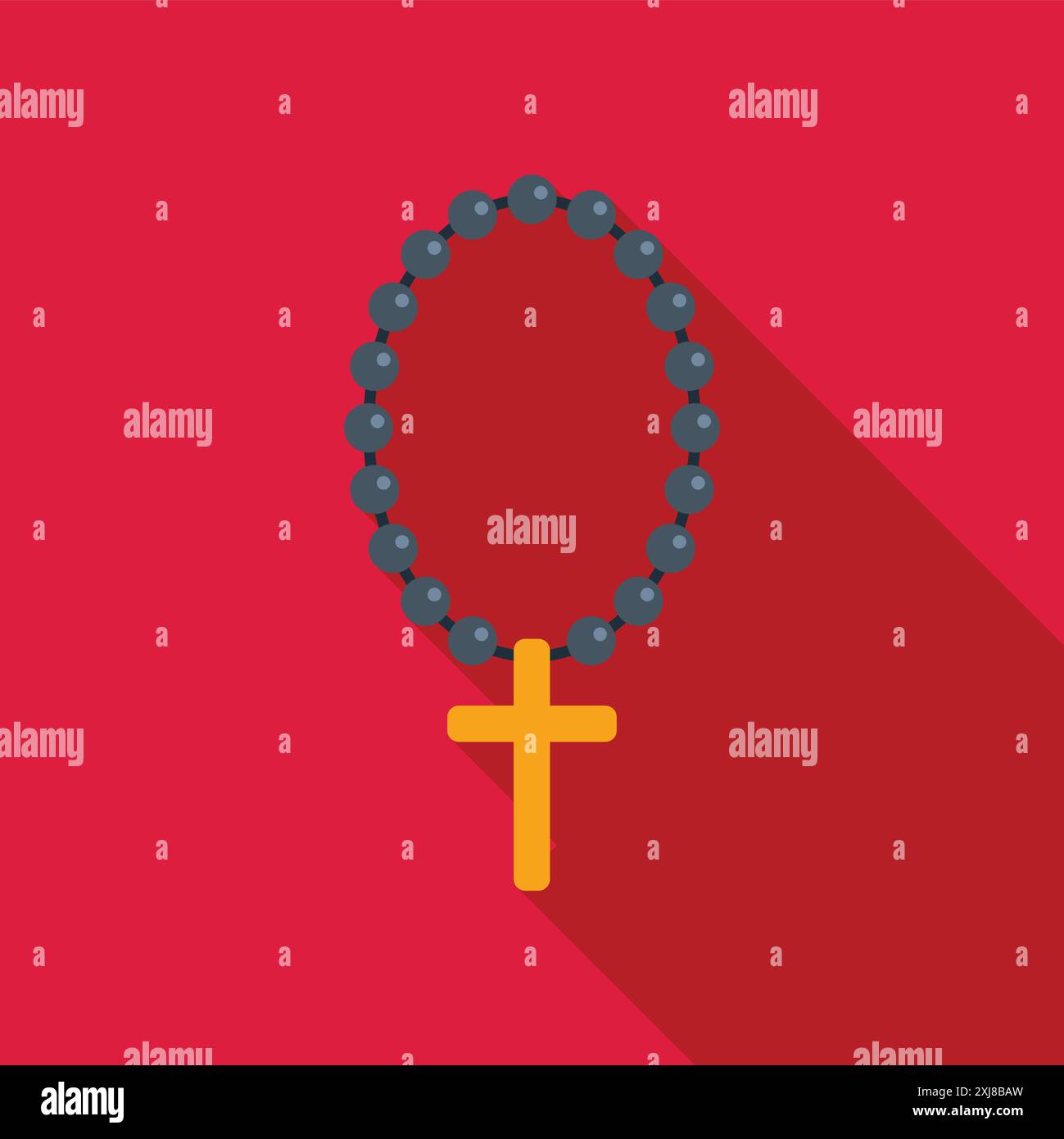 Una serie di perle di rosario con croce d'oro è adagiata su sfondo rosso Illustrazione Vettoriale