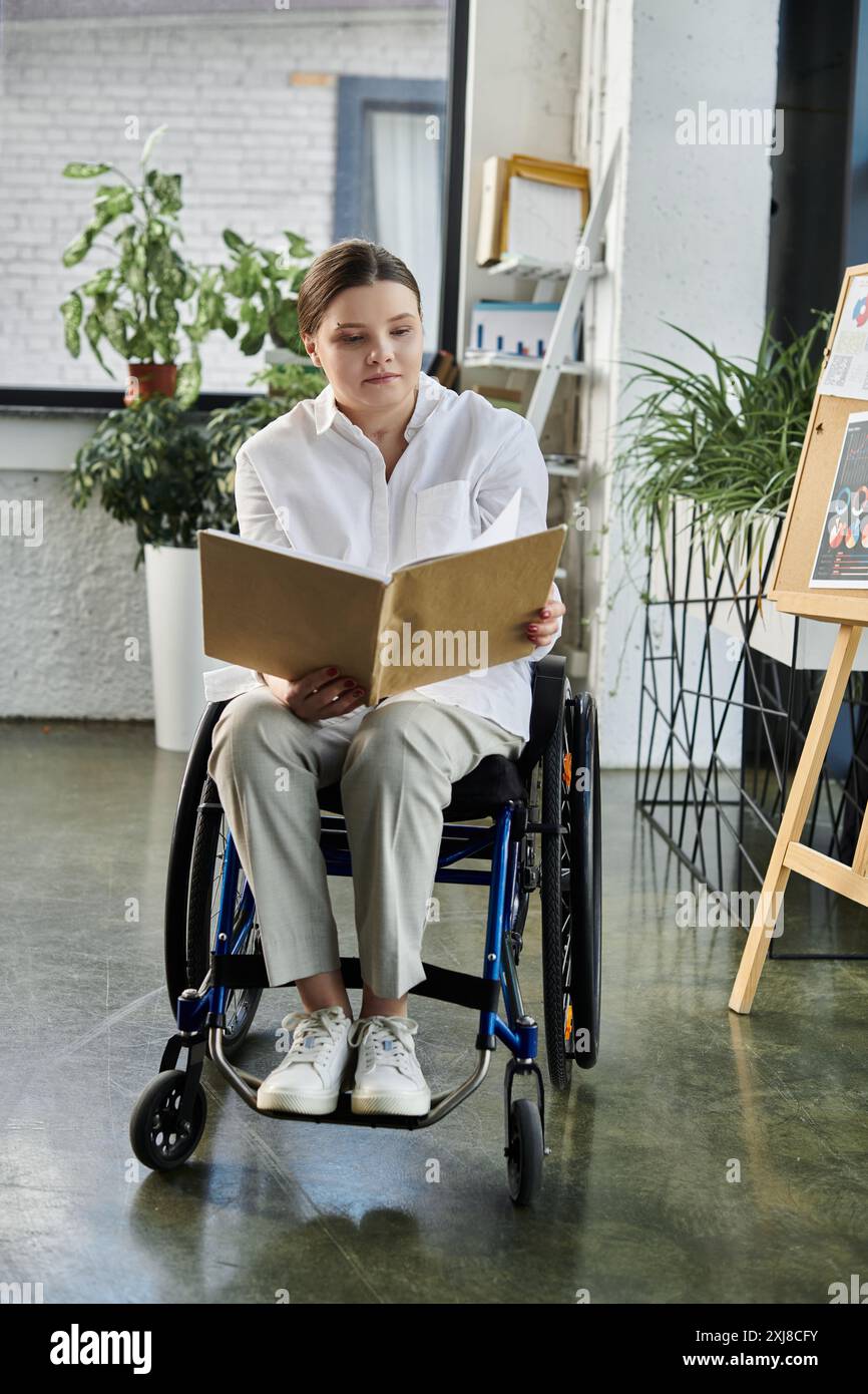 Una giovane donna d'affari con una disabilità siede sulla sua sedia a rotelle ed esamina attentamente i documenti in un ambiente di ufficio moderno. Foto Stock