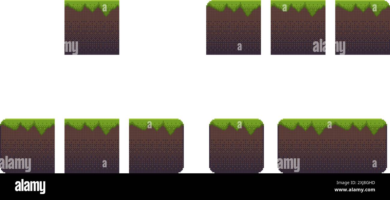 Set di piastrelle Pixel Art per videogiochi 2d retrò. Una serie di piastrelle di terra con erba per il platformer per il costruttore di posizioni. Illustrazione vettoriale Illustrazione Vettoriale