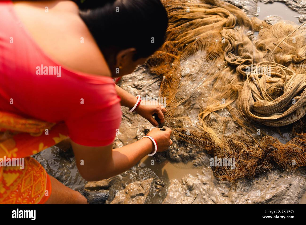 bengala Occidentale - India - 20 novembre 2023: Una donna indiana viene vista pescare con una rete da pesca che seleziona il pesce nei Sundarbans. Concetto di donne indiane ema Foto Stock