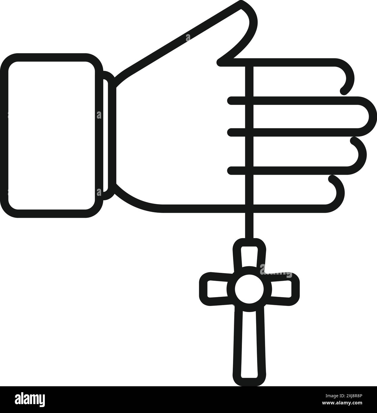 Icona della line art di una mano che regge una collana a croce, simboleggia la fede e la spiritualità Illustrazione Vettoriale