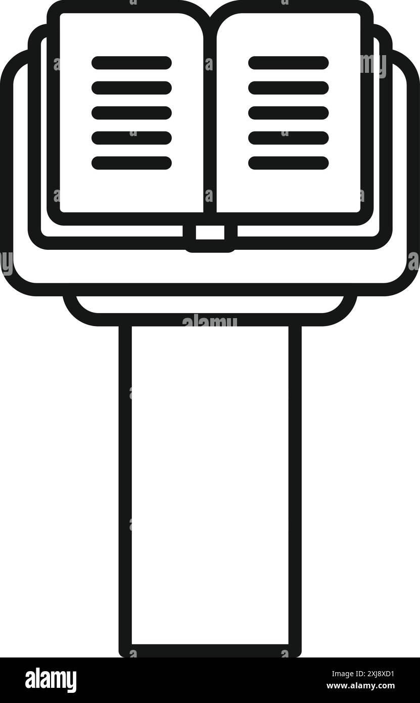 Libro aperto in piedi su un leggio di legno, che suggerisce qualcuno che tiene un discorso durante una conferenza Illustrazione Vettoriale