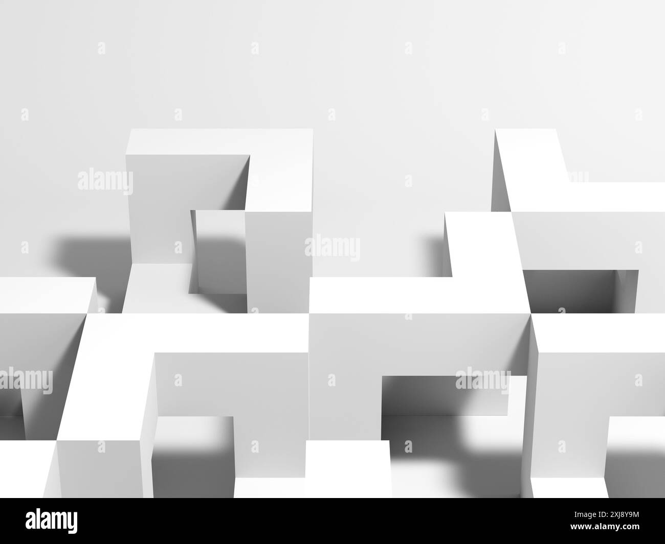 Installazione geometrica bianca astratta di forme cubiche. illustrazione del rendering 3d. Foto Stock