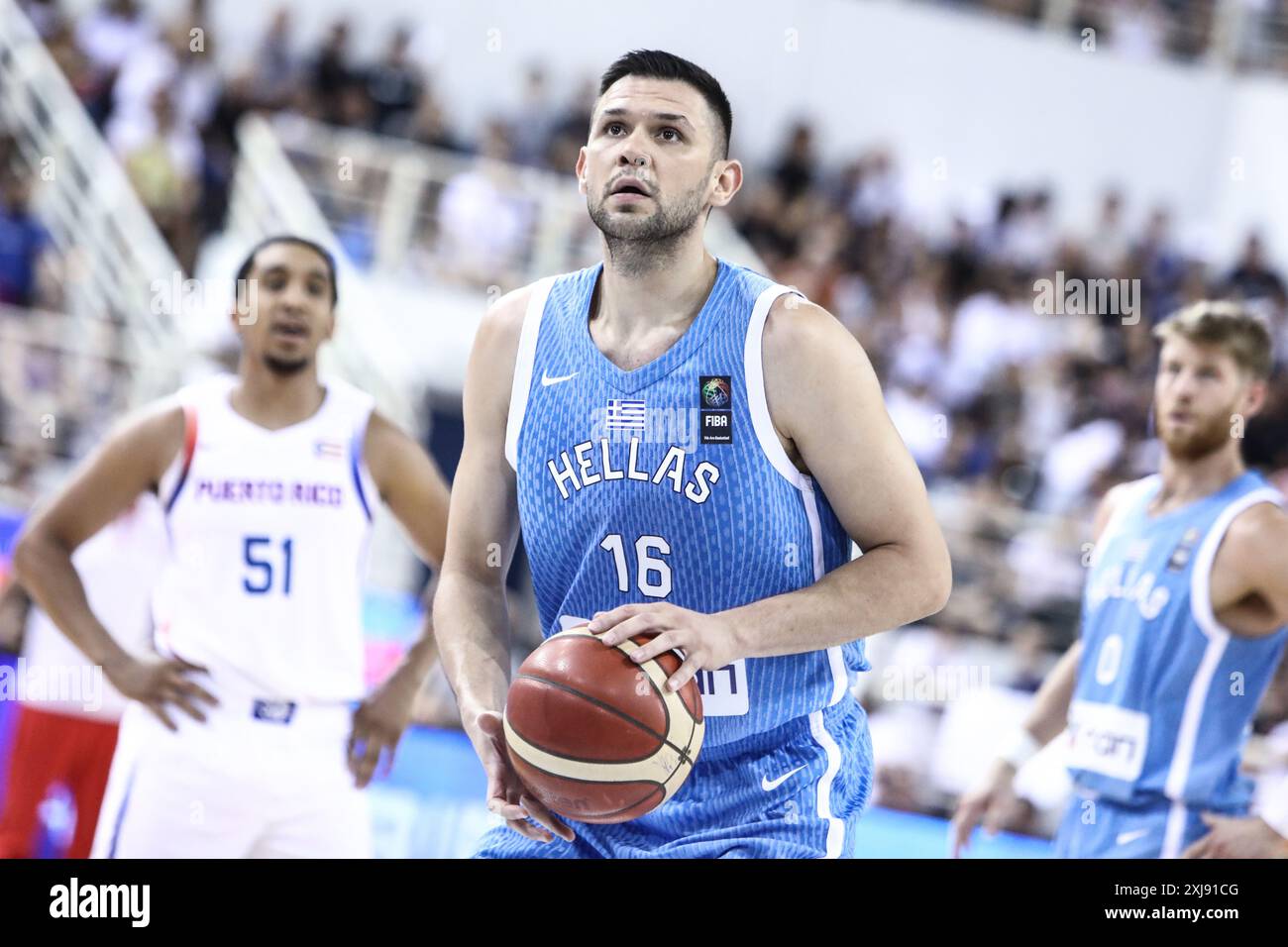 Salonicco, Grecia. 16 luglio 2024. Kostas Papanikolaou, giocatore della nazionale greca, durante una partita amichevole di basket tra le squadre nazionali di Grecia e Porto Rico. (Credit Image: © Giannis Papanikos/ZUMA Press Wire) SOLO PER USO EDITORIALE! Non per USO commerciale! Foto Stock