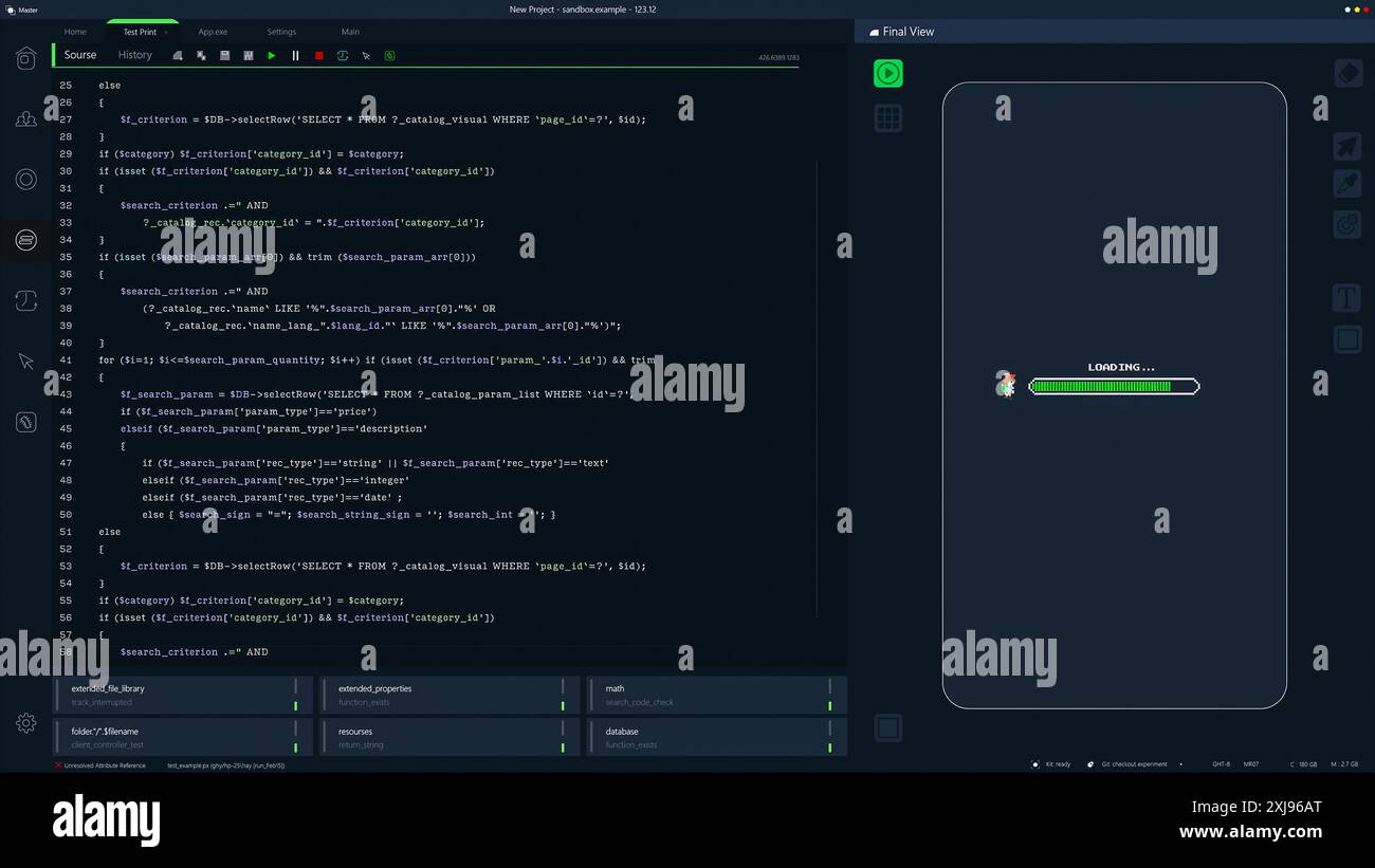 Dark Programming Interface for Mobile Applications UX, sviluppo interfaccia utente con righe di codice. Processo di codifica alla base di Mobile 8 bit Game Design. Modello per schermi e laptop di computer desktop. Foto Stock
