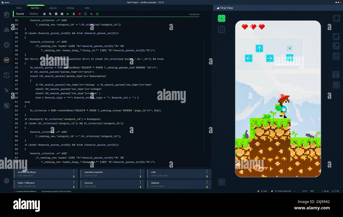 Dark Programming Interface for Mobile Applications UX, sviluppo interfaccia utente con righe di codice. Processo di codifica alla base della progettazione di videogame mobili a 8 bit. Modello per schermi e laptop di computer desktop. Foto Stock