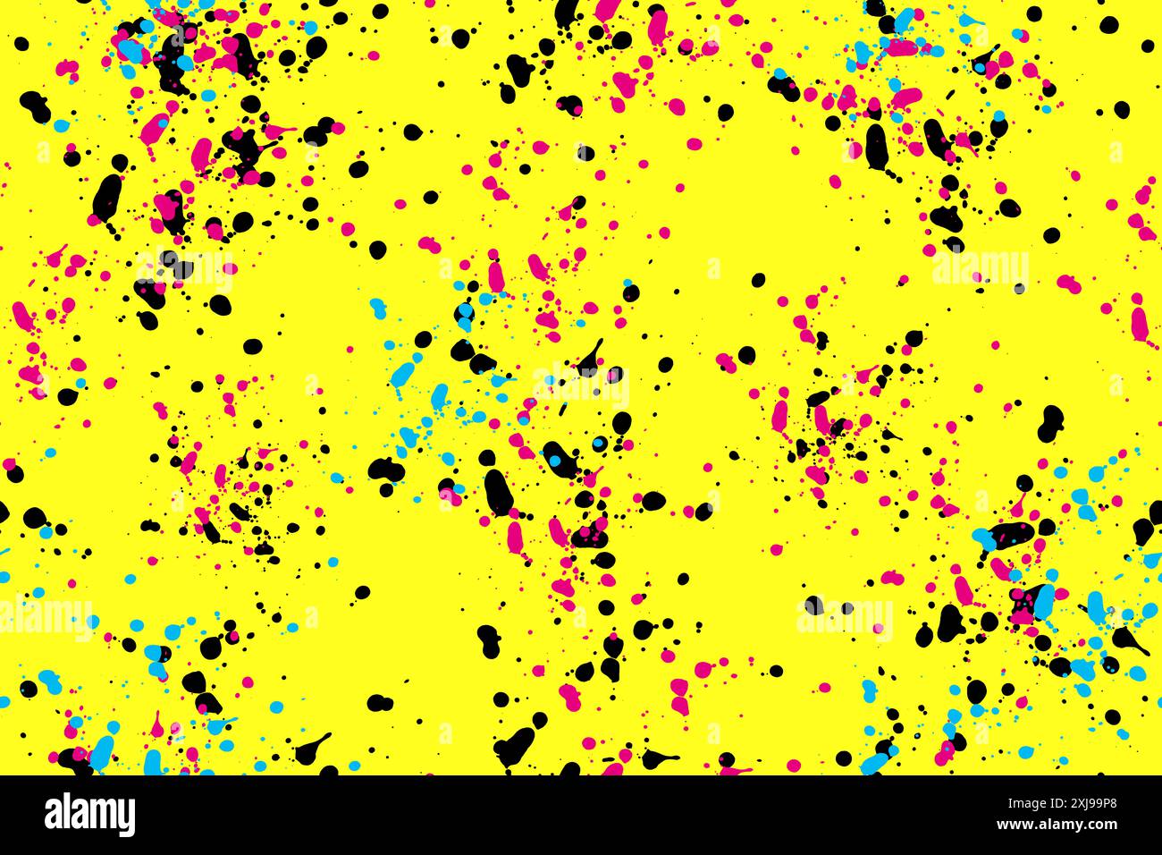 I blot sono neri, rosa, blu su sfondo giallo. Gocce astratte di vernice acquerello. Motivo senza cuciture Foto Stock