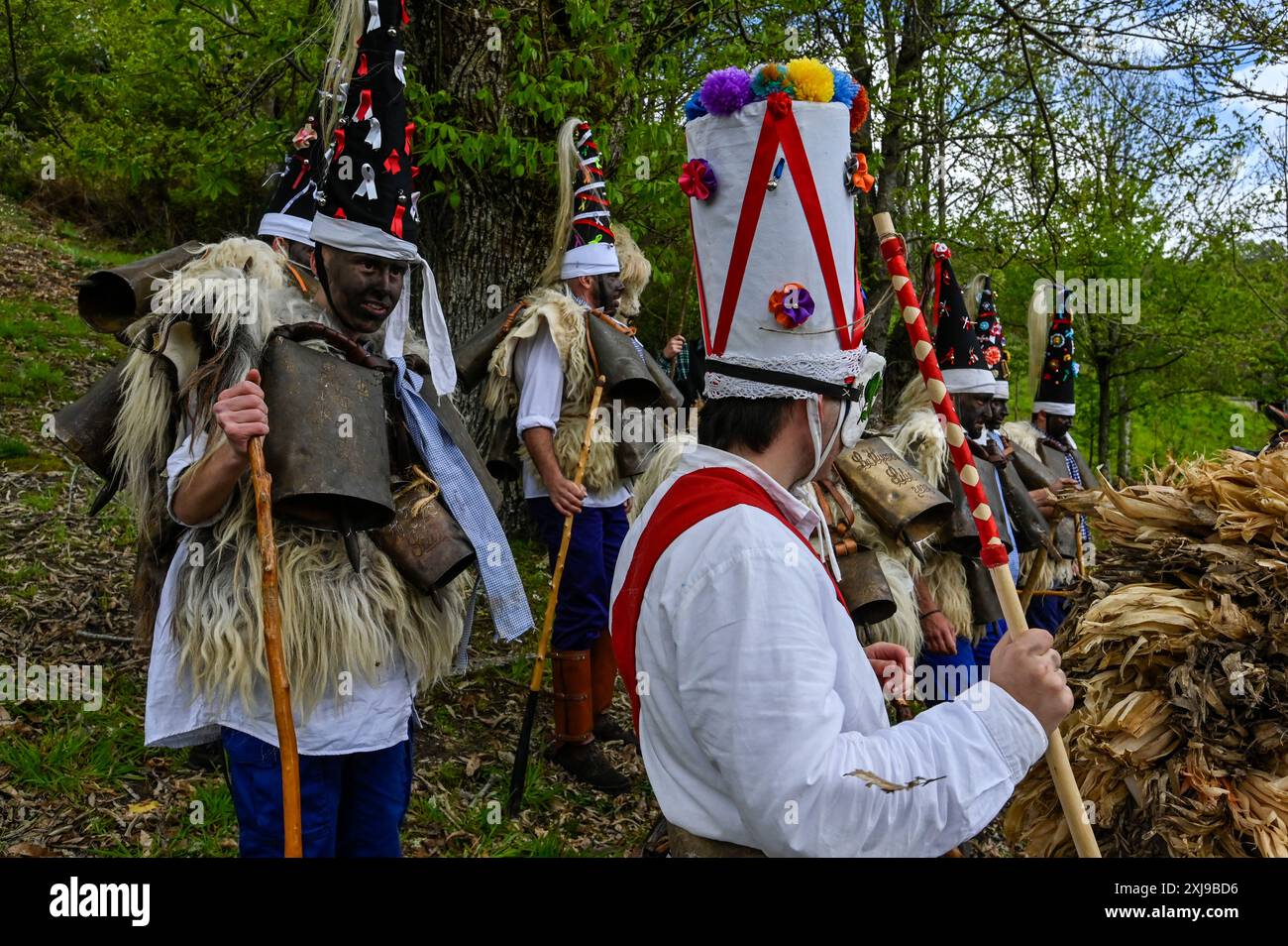 I membri di la Vijanera a Silió, Santander, Spagna, indossano costumi vivaci ed elaborati per celebrare una delle più antiche tradizioni carnevalesche d'Europa. Questo antico festival, con origini risalenti all'epoca pre-romana, presenta partecipanti a maschere animali, nastri colorati e campane, simboleggiando il trionfo del bene sul male e l'arrivo del nuovo anno. Foto Stock