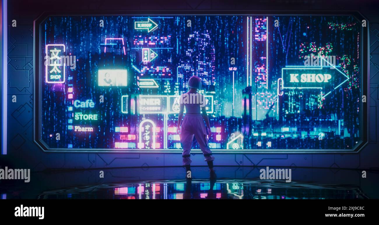 Riprese cinematografiche con un elegante modello Cosplay con capelli blu che guarda fuori dalla finestra in una futuristica città spaziale cibernetica con luci al neon. Giovane donna in una realtà aumentata Cyberpunk Foto Stock