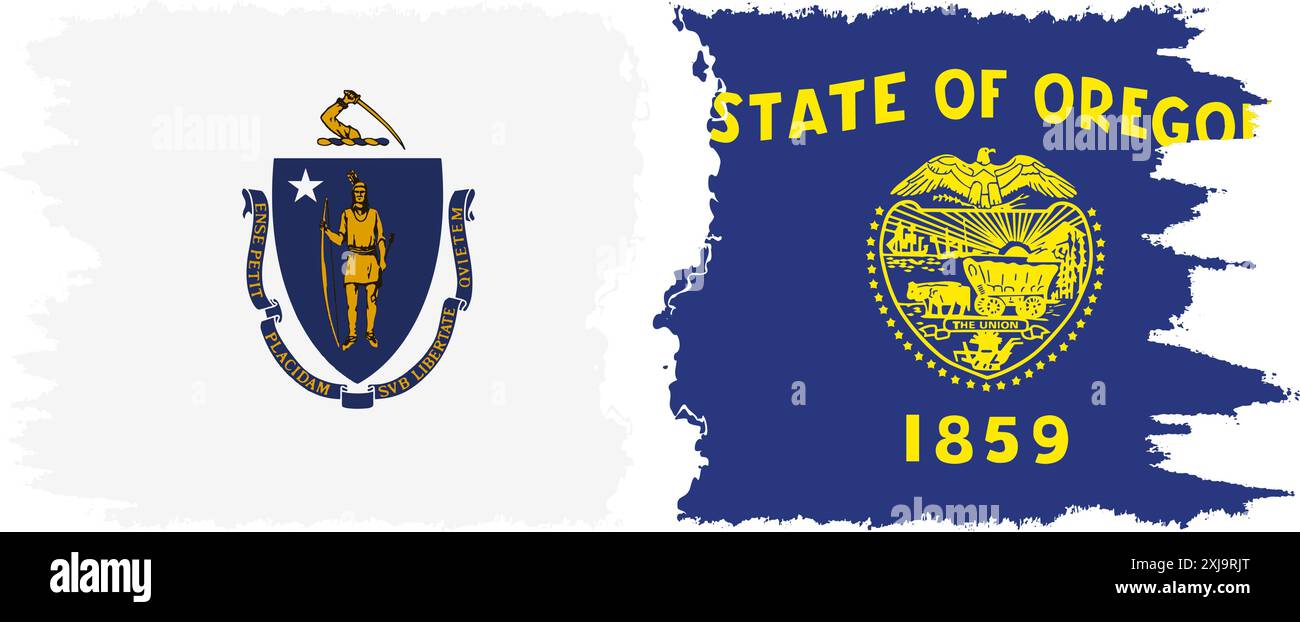 Oregon e Massachusetts states grunge pennello segnala connessione, vettore Illustrazione Vettoriale