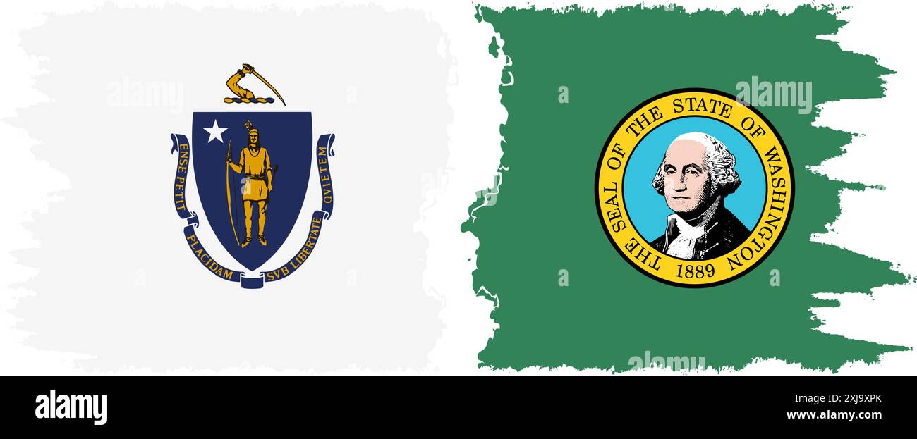 Washington e Massachusetts, stati grunge pennello segnala connessione, vettore Illustrazione Vettoriale