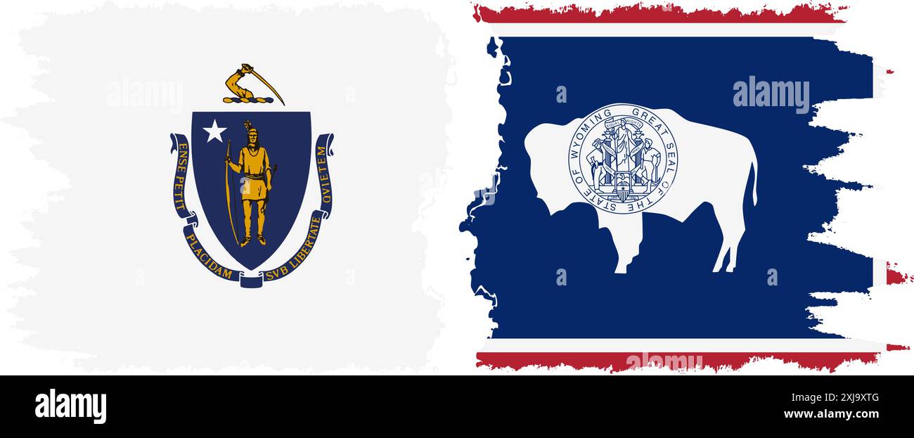 Wyoming e Massachusetts stati grunge pennello flag connessione, vettore Illustrazione Vettoriale