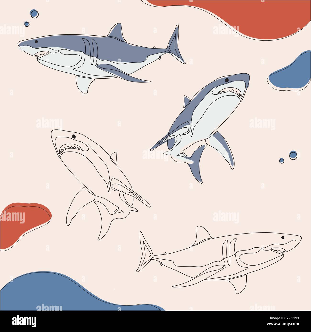 Vibrante squalo che nuota nell'oceano. Colorata illustrazione di un predatore marino. Illustrazione Vettoriale