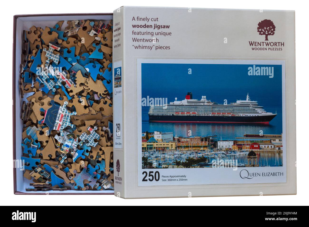 Scatola di puzzle in legno di Wentworth contenente pezzi di puzzle con coperchio spento - un seghetto in legno finemente tagliato con pezzi originali di Wentworth Foto Stock
