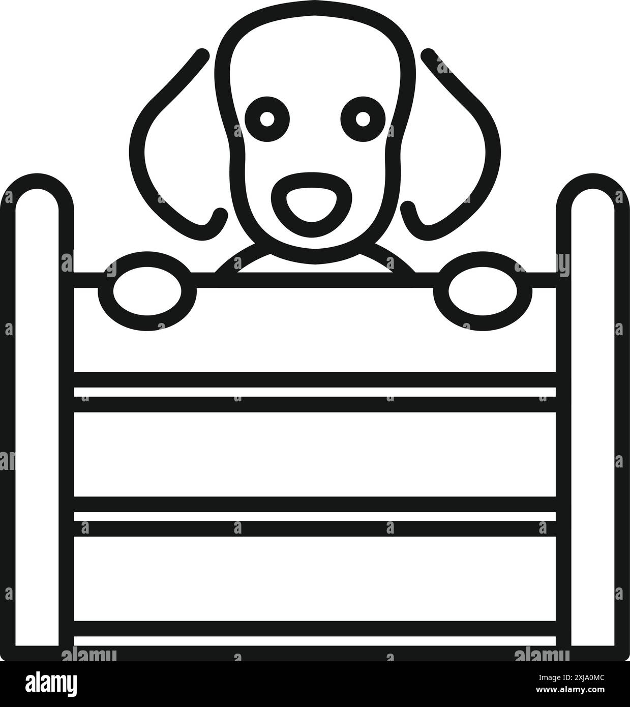 Cane triste in attesa di adozione in una gabbia di rifugio, guardando attraverso le sbarre Illustrazione Vettoriale