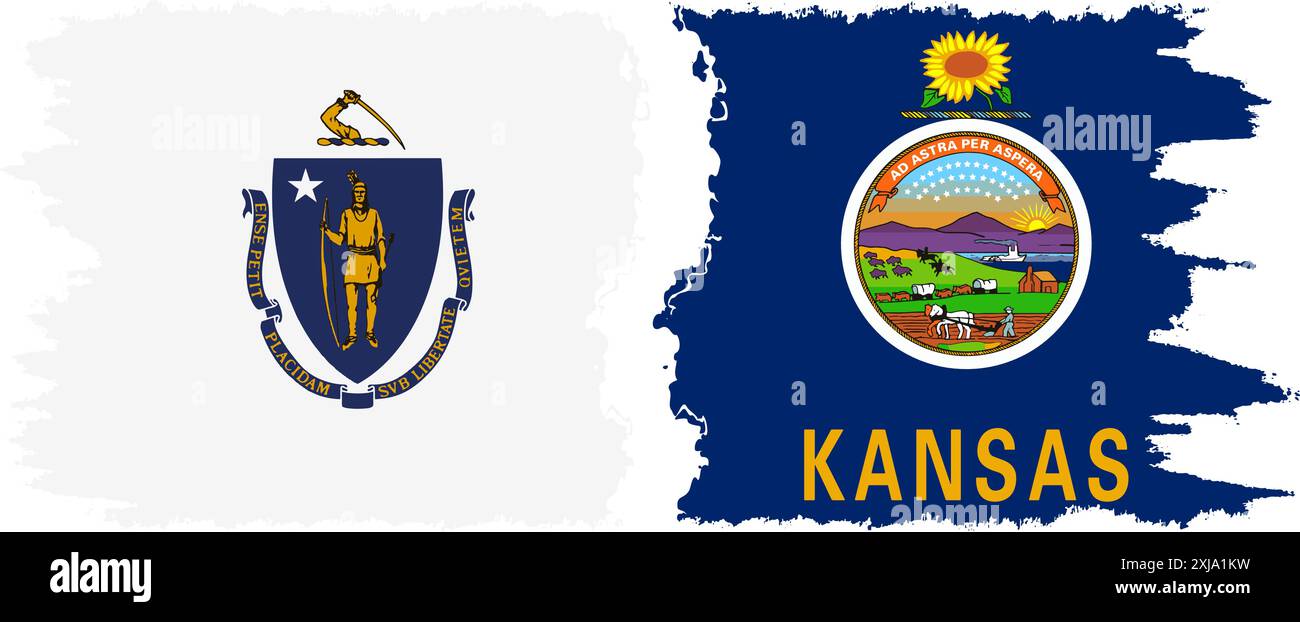 Kansas e Massachusetts stati grunge pennello segnala connessione, vettore Illustrazione Vettoriale