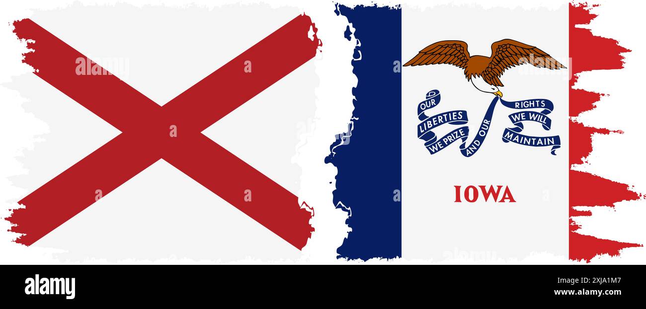 Iowa e Massachusetts stati grunge pennello flag connessione, vettore Illustrazione Vettoriale