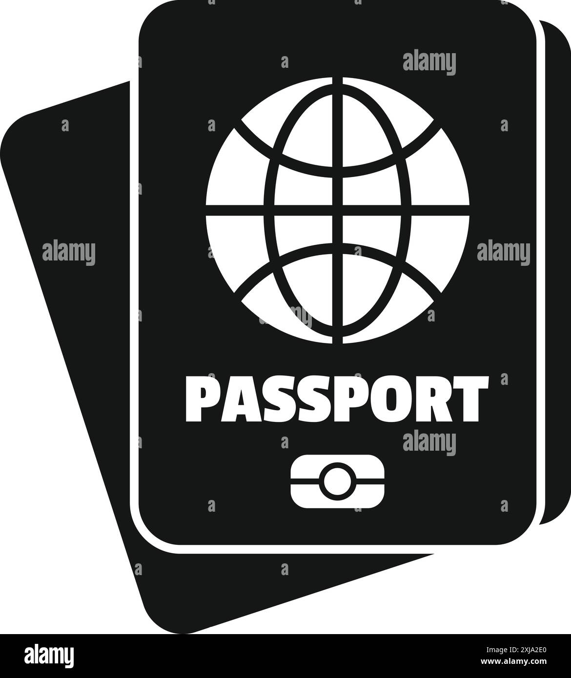 Icona in bianco e nero di un passaporto che simboleggia il viaggio internazionale, la cittadinanza e l'identificazione di turisti e migranti Illustrazione Vettoriale