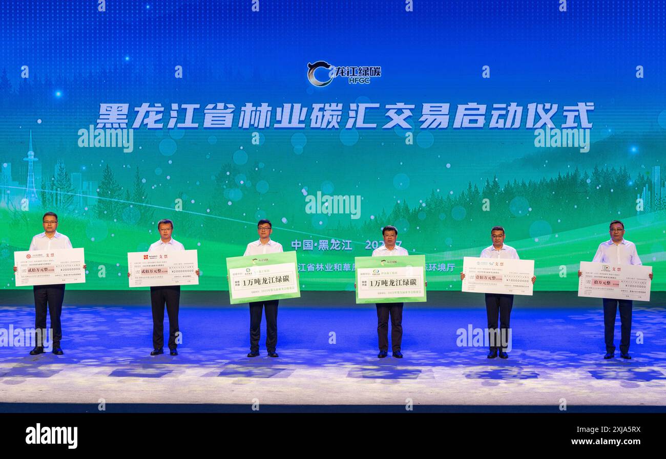 Harbin. 17 luglio 2024. Questa foto scattata il 17 luglio 2024 mostra una cerimonia di lancio del commercio di giacimenti di carbonio forestali della provincia di Heilongjiang a Harbin, nella provincia di Heilongjiang nella Cina nord-orientale. Mercoledì scorso si è tenuta qui la cerimonia di lancio di un sistema di scambio di carbonio forestale della provincia di Heilongjiang. I dati dell'amministrazione forestale e prativa di Heilongjiang mostrano che lo stoccaggio del carbonio della silvicoltura nell'Heilongjiang, un'importante provincia forestale in Cina, è di circa 5,7 miliardi di tonnellate. Crediti: Xie Jianfei/Xinhua/Alamy Live News Foto Stock